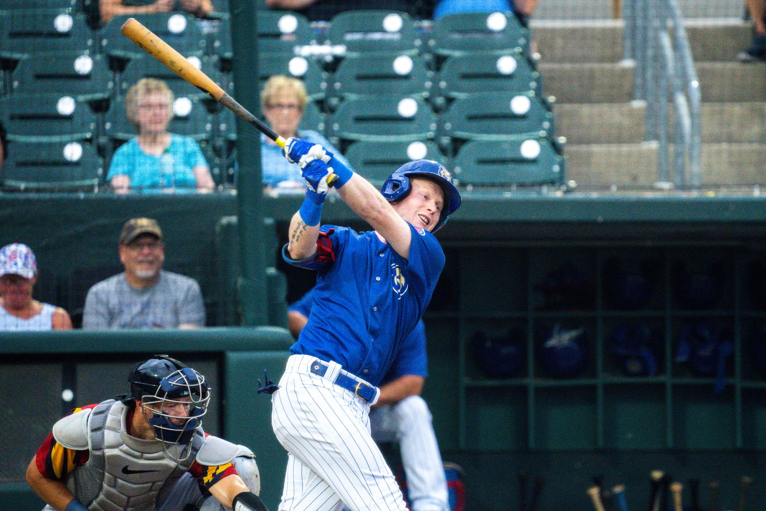 Iowa Cubs' Pete Crow-Armstrong swings at a pitch during a game against the Toledo Mud Hens on Tuesday, August 1, 2023 in Des Moines.